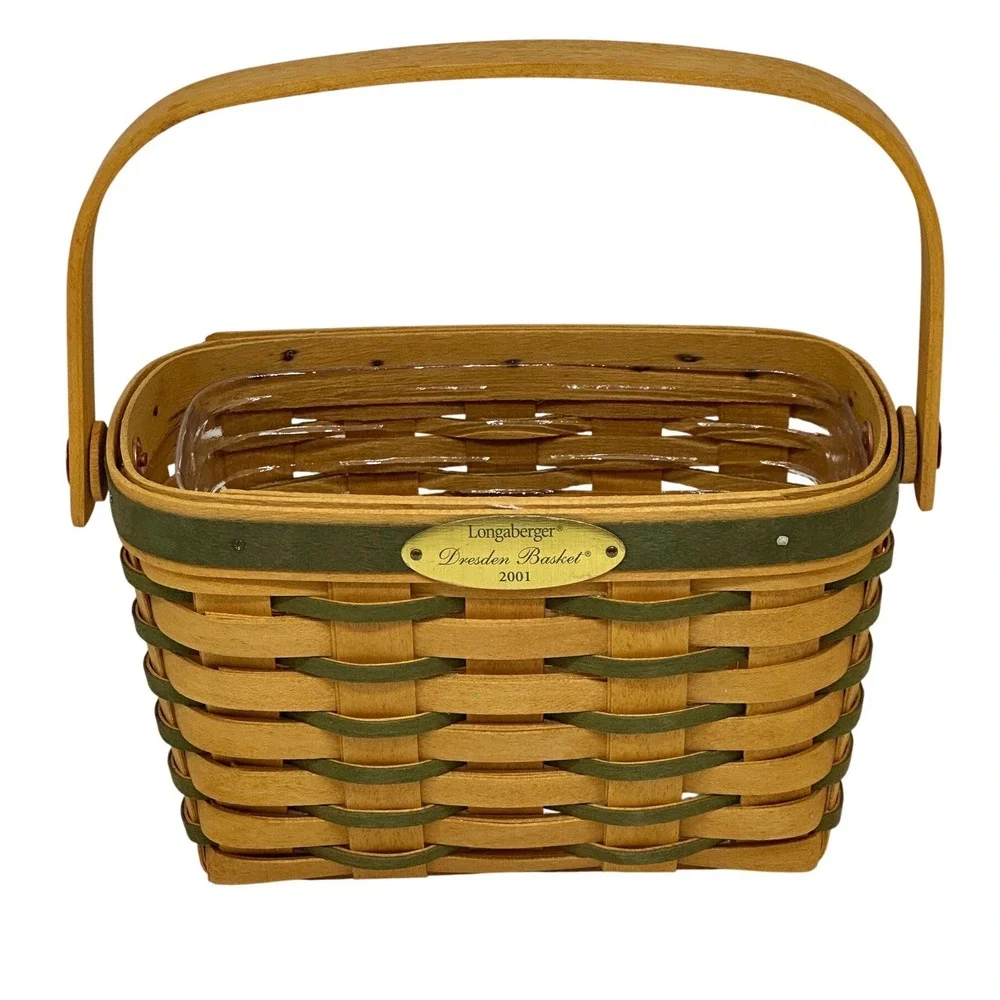 VTG Longaberger Dresden Basket 2001 Woven Wood Green Trim Small Handled Decor